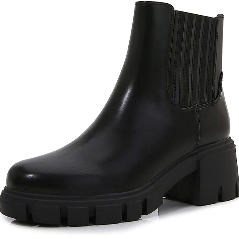 mm Women's PU Black Leather Chunky Platform Chelsea Boots Zip Up Ankle Booties 8